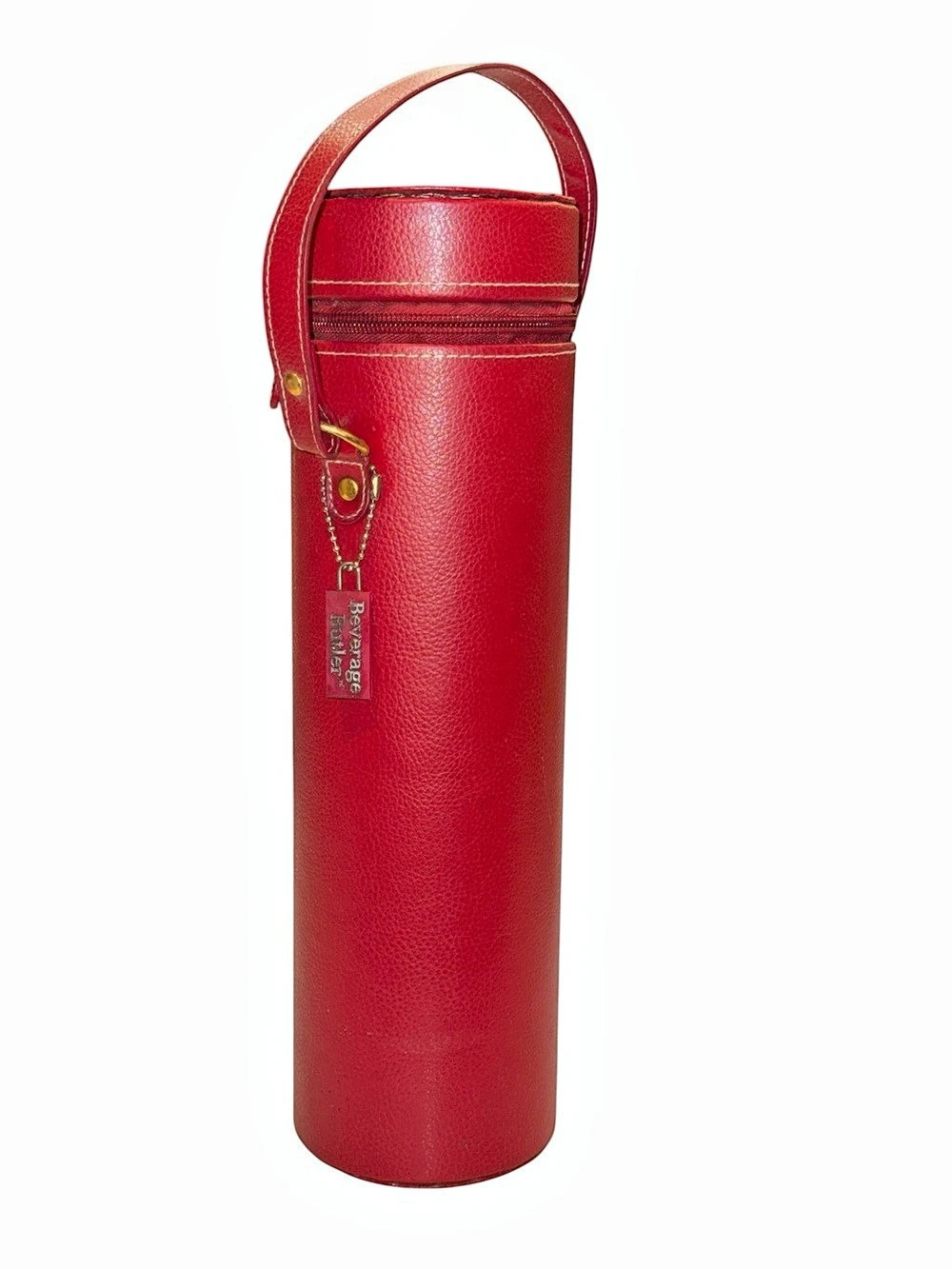Beverage Butler Red Leather Zip Cylinder Wine Bottle Holder Red Insulated Bottle
